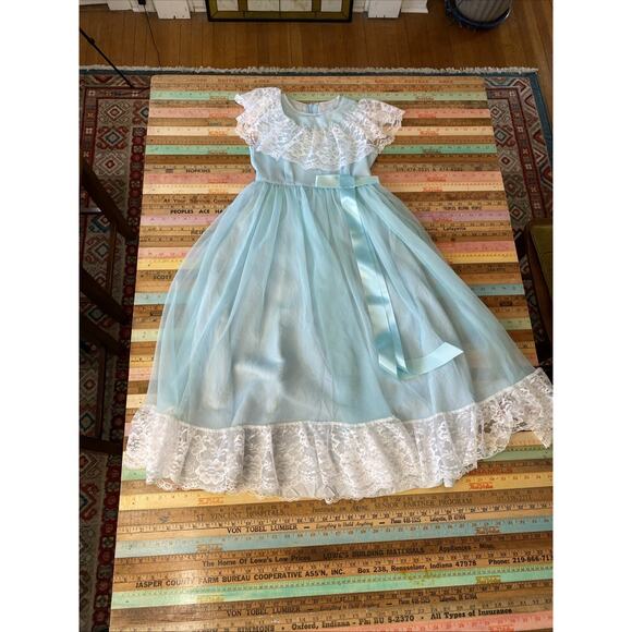 Vintage Girls 8 JC Penny Blue Lace Maxi Dress Long Gown USA Retro - Picture 11 of 15